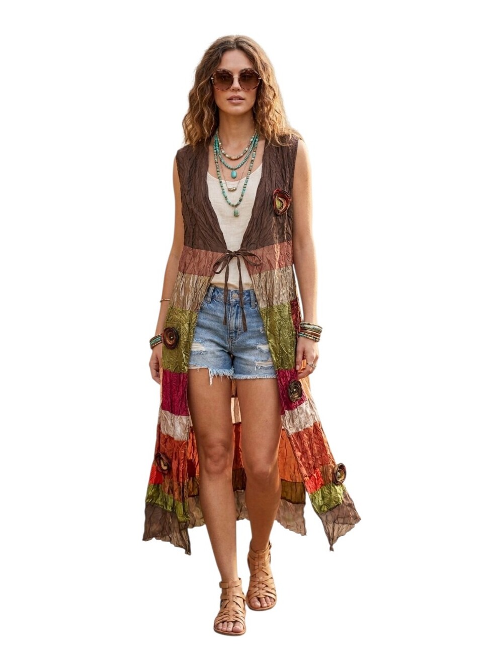 Hadassa Patchwork Crinkle Maxi Vest Multi-Color Boho Rose Accent M/L